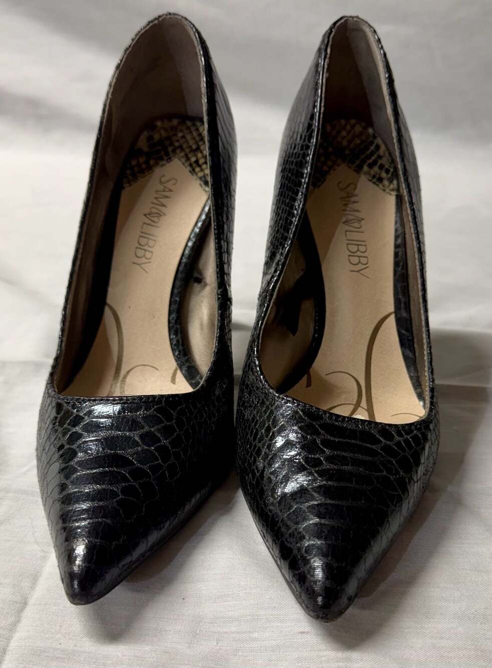 Sam & Libby Black Faux Snake Skin Pointed Toe Stiletto Pumps - Picture 2 of 10